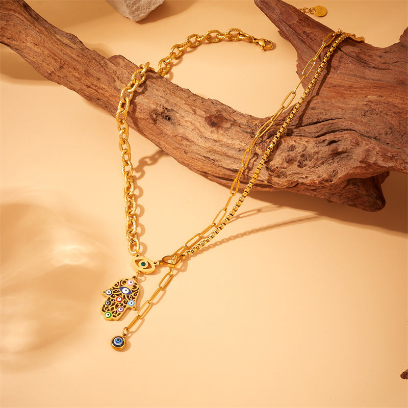 Vintage Fashion Enamel Plated Stainless Steel Fatima Hand Eye Pendant Necklace with Irregular Shape and Adjustable Chain