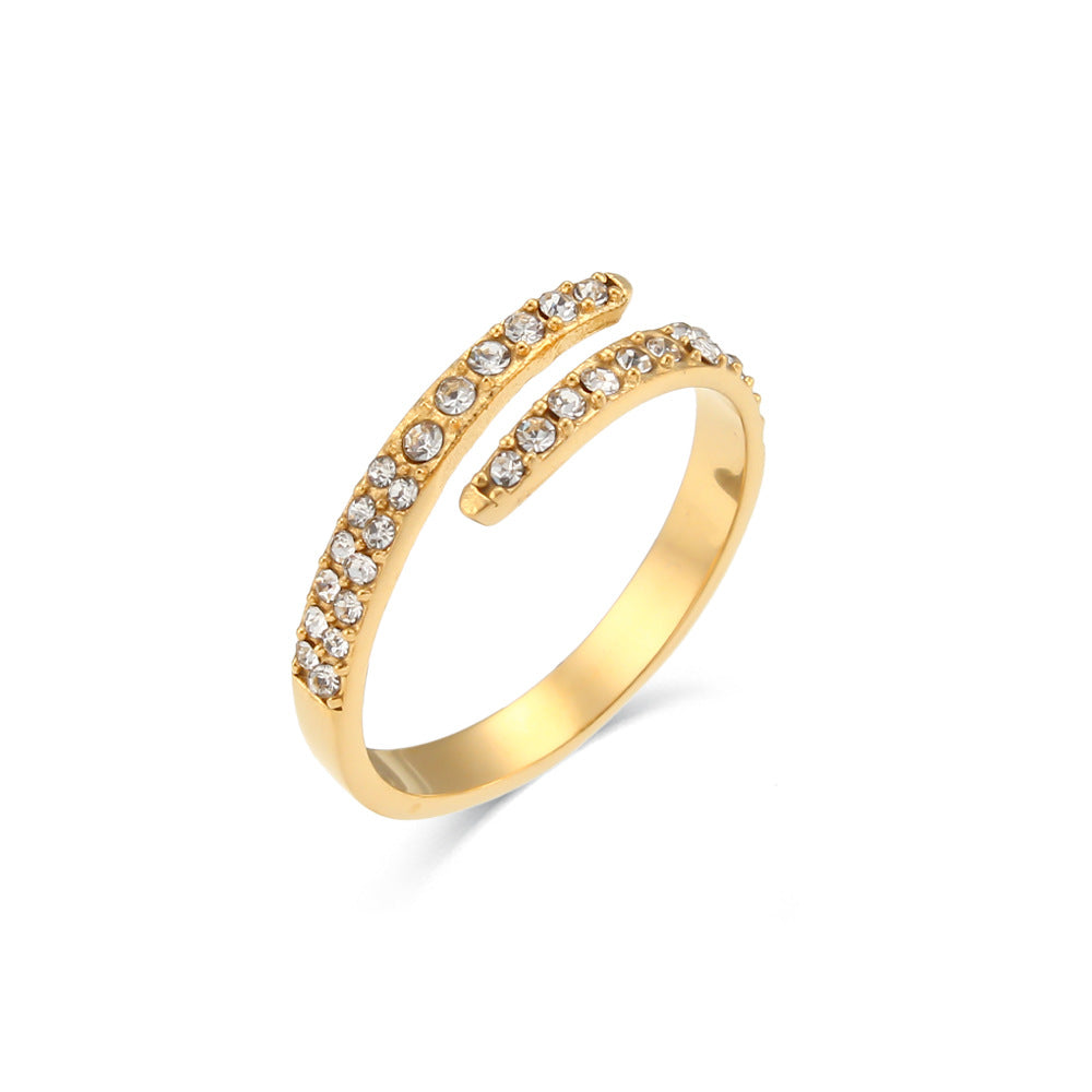 Minimalist Geometric Stainless Steel Ring with 18K Gold Plating and Zircon Inlay for Women