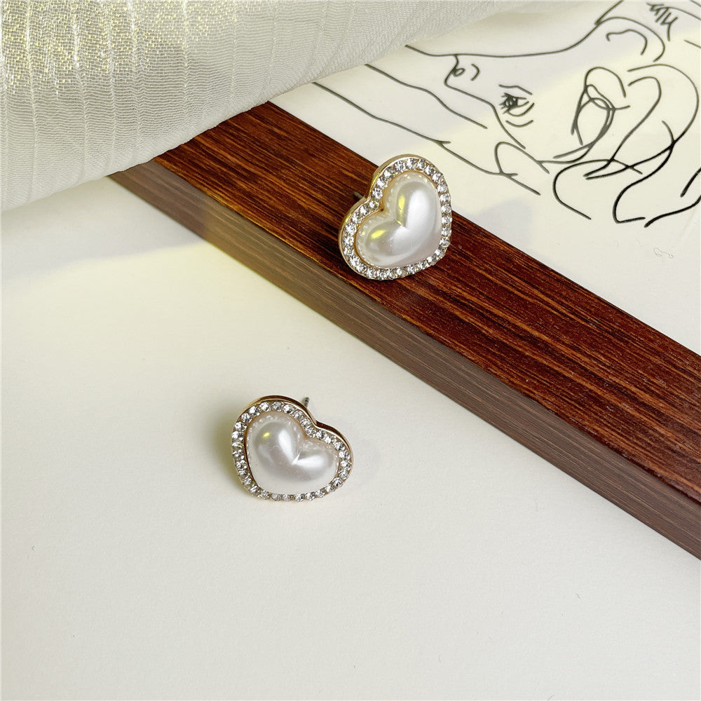 Vintage Sweet Heart Rhinestone Pearl Plated Alloy Earrings