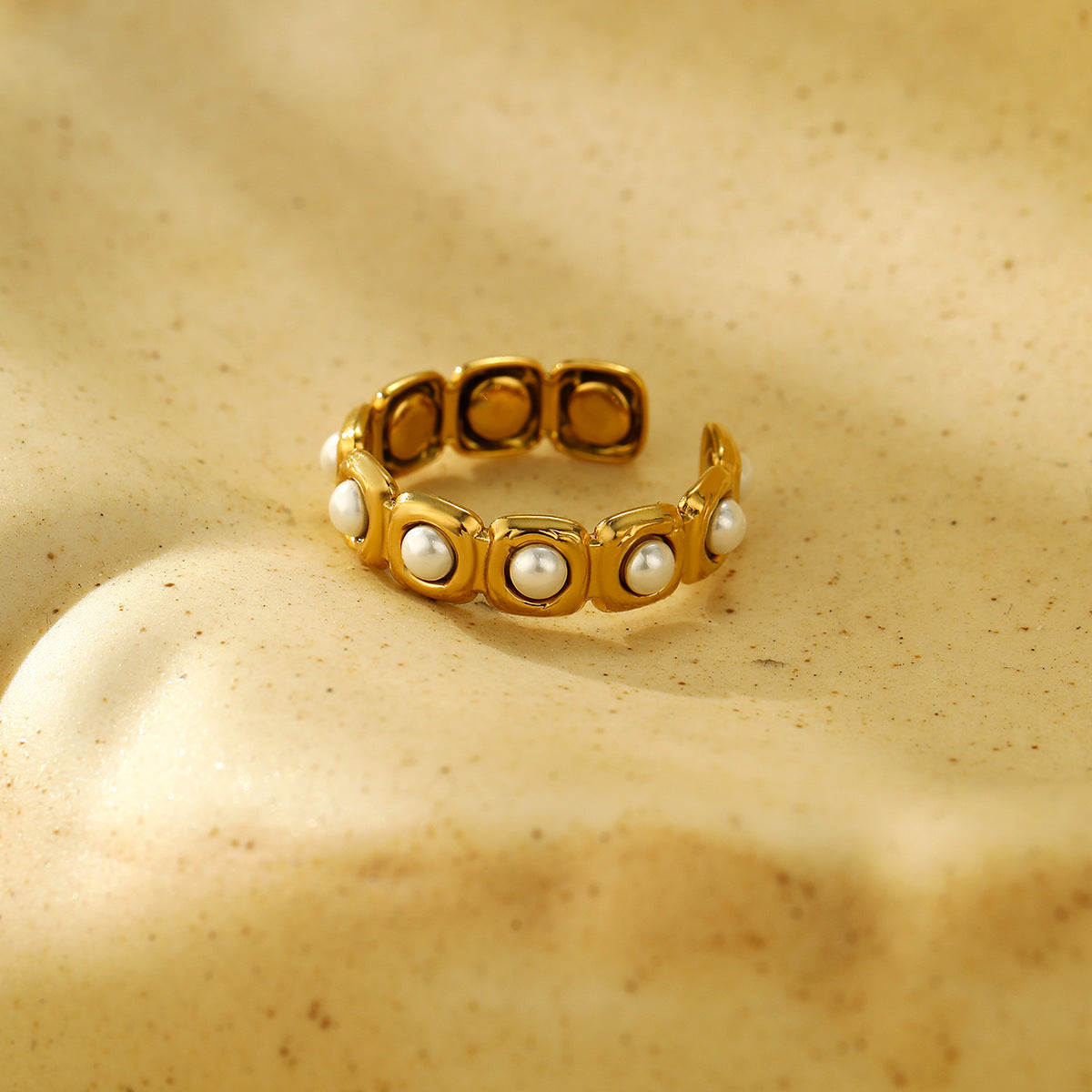 Anillo Abierto Minimalista Redondo de Acero Inoxidable con Incrustación de Perlas para Mujer, Accesorio de Moda de Lujo Electrochapado