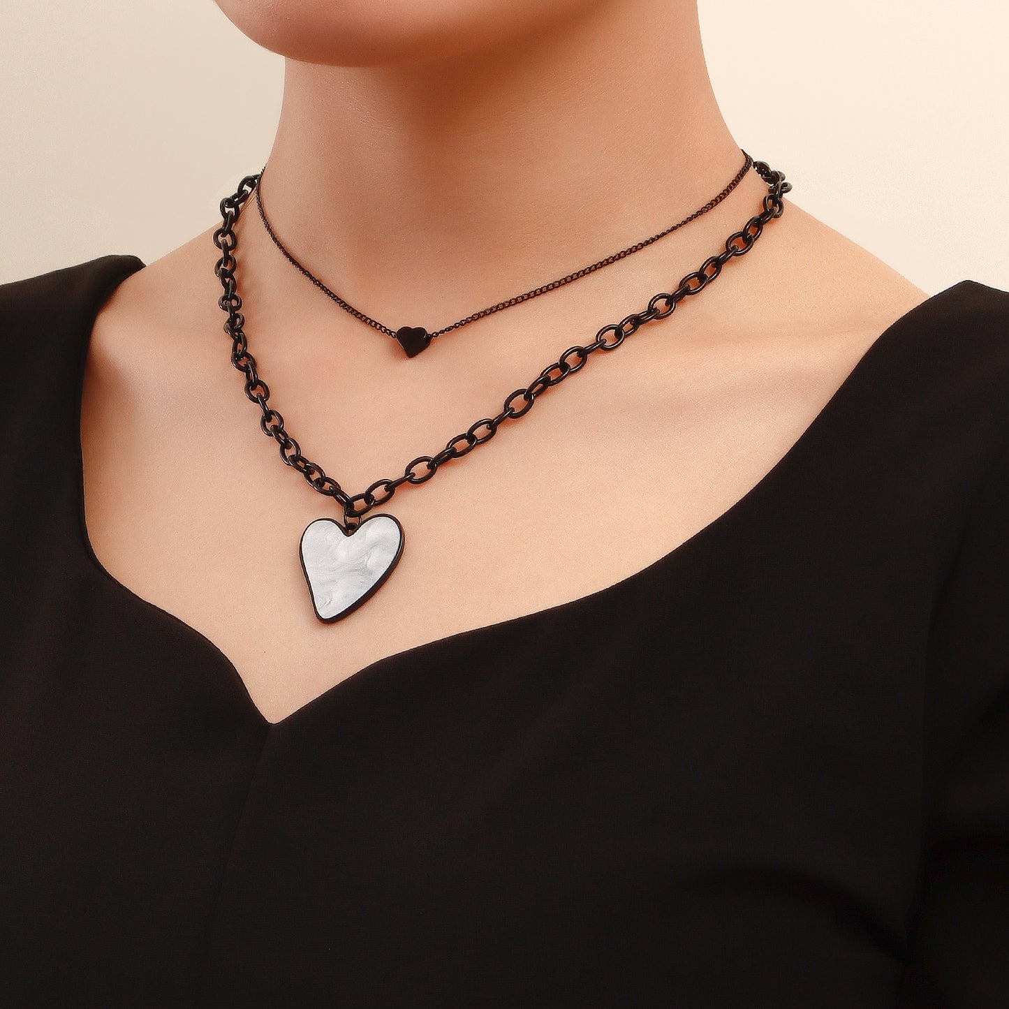 Minimalist Heart-Shaped Alloy Pendant Necklace with Plated Finish for Women Double-Layer Clavicle Chain