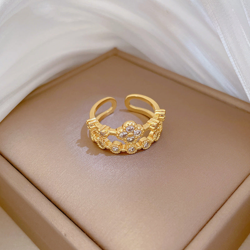 Sweet Minimalist Gold Plated Brass Clover Rhinestone Adjustable Ring for Women and Couples