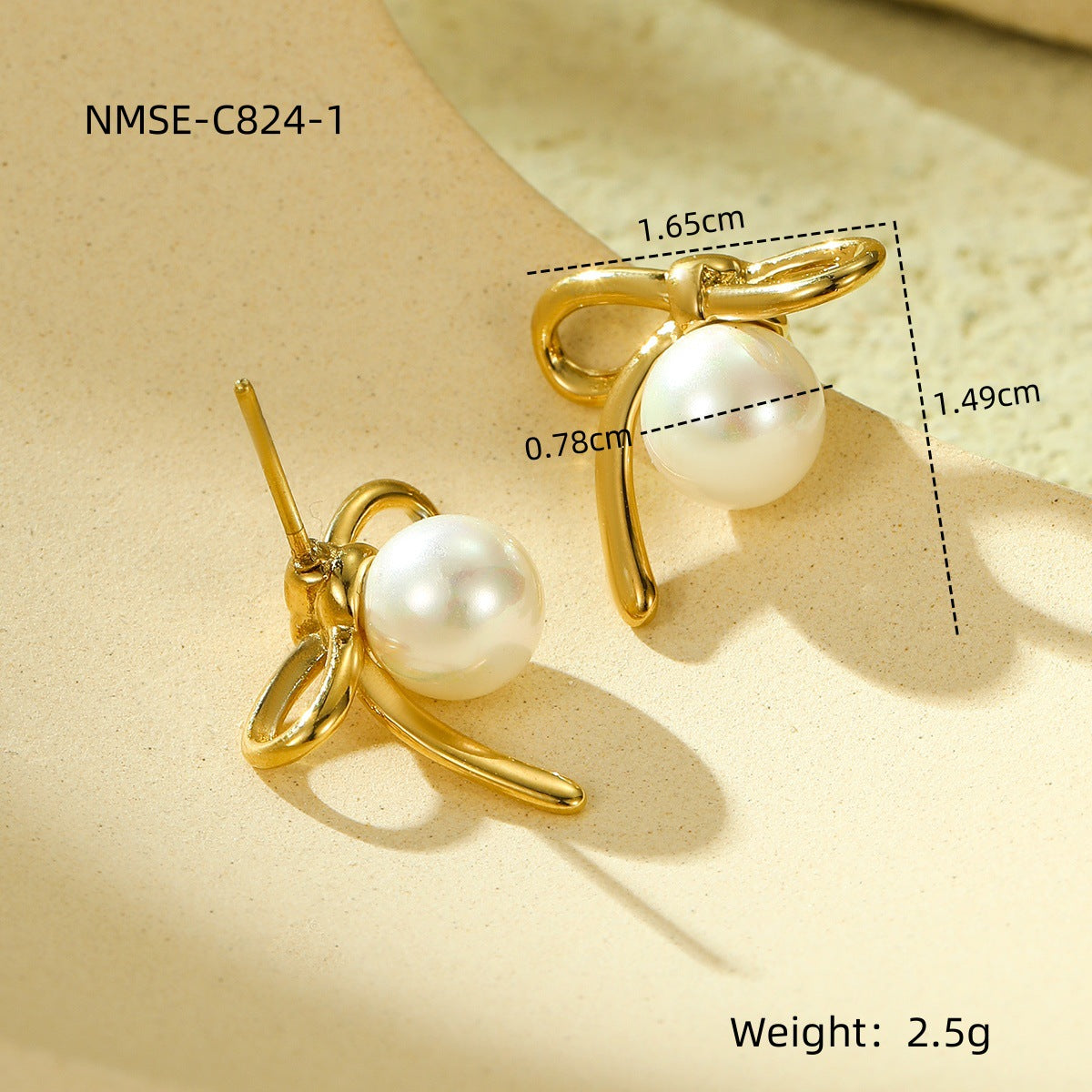 Minimalist Bow-Shaped Titanium Steel Stud Earrings with Pearl Inlay for Women, Hypoallergenic and Fade-Resistant