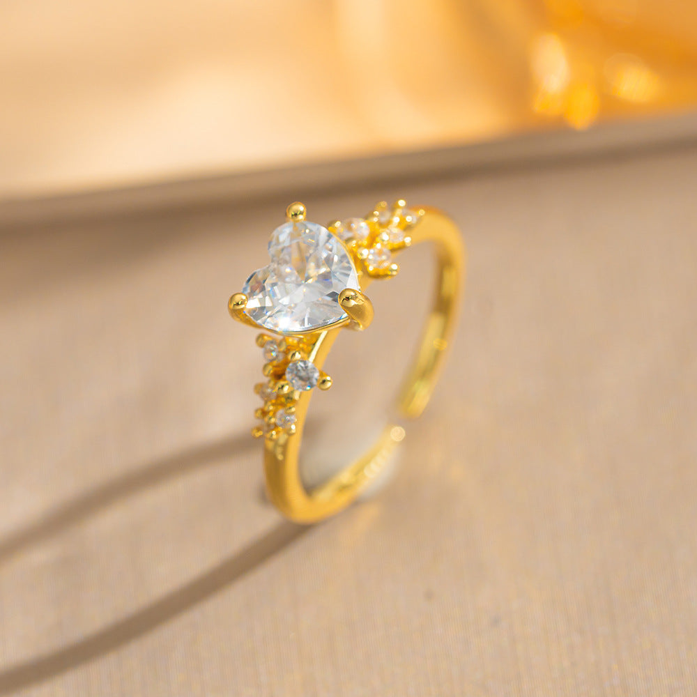 Luxury Minimalist Adjustable Open Ring for Women with Gold-Plated Copper Band and Zircon Stone Accent in Heart and Floral Shape