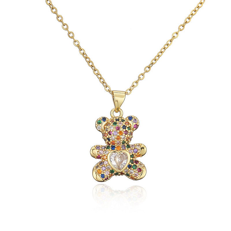 Minimalist Heart-Shaped Bear Pendant Necklace in Copper with Micro-Paved Cubic Zirconia on Snake Chain