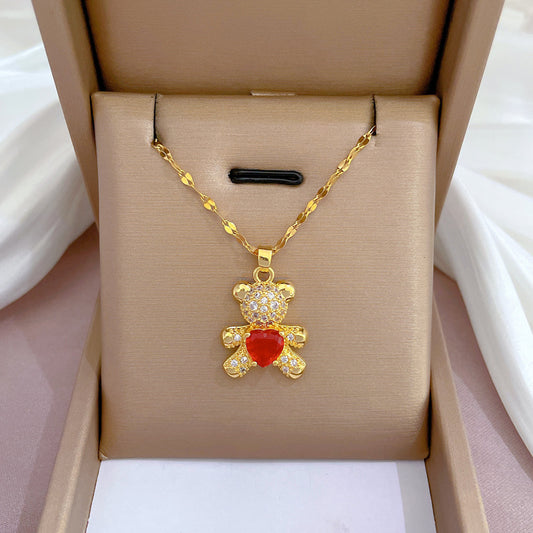 Collar de Lujo con Colgante de Corazón de Acero Inoxidable y Incrustaciones de Pedrería, Diseño Geométrico, Cadena Ajustable para Mujer