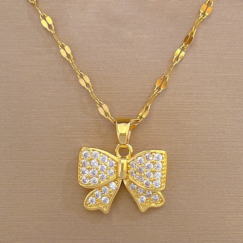 Luxury Sweet Fresh Titanium Steel Stainless Steel Butterfly Geometric Necklace with Rhinestone Pendant for Unisex