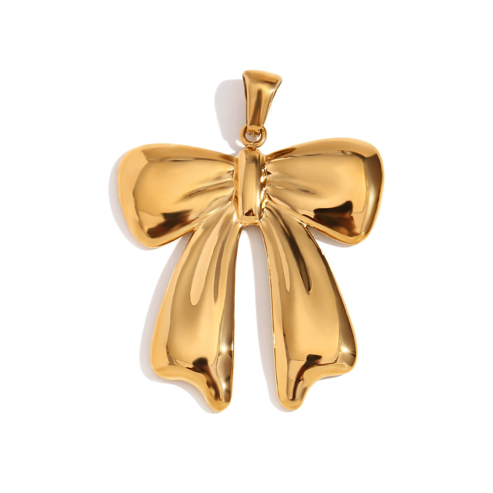 Vintage Elegant 18K Gold Plated Stainless Steel Bow Knot Wave Pearl Charm Bar for Women