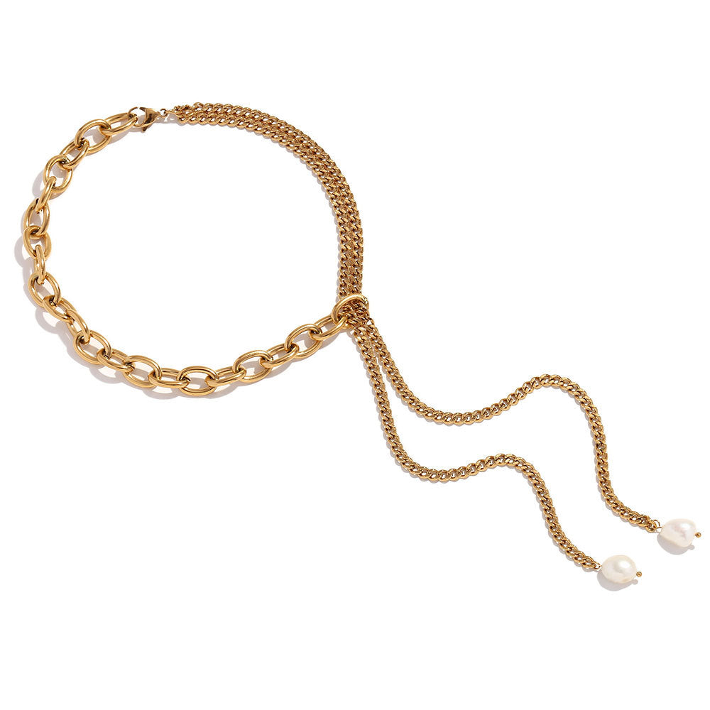 Collana a Y con doppia catena cubana in acciaio inossidabile placcato oro 18 carati con pendente in perla d'acqua dolce e design geometrico minimalista