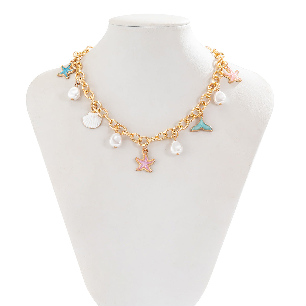 Collana pendente minimalista con stella e conchiglia, nappina e design a coda di sirena, in lega con finitura placcata