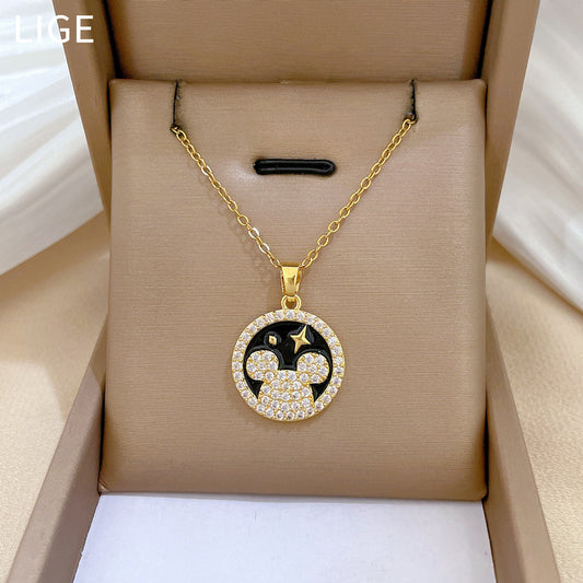 Cartoon Bear Pendant Necklace in Titanium Steel with Enamel Finish and Rhinestone Inlay for Women Unisex Minimalist Geometric Style