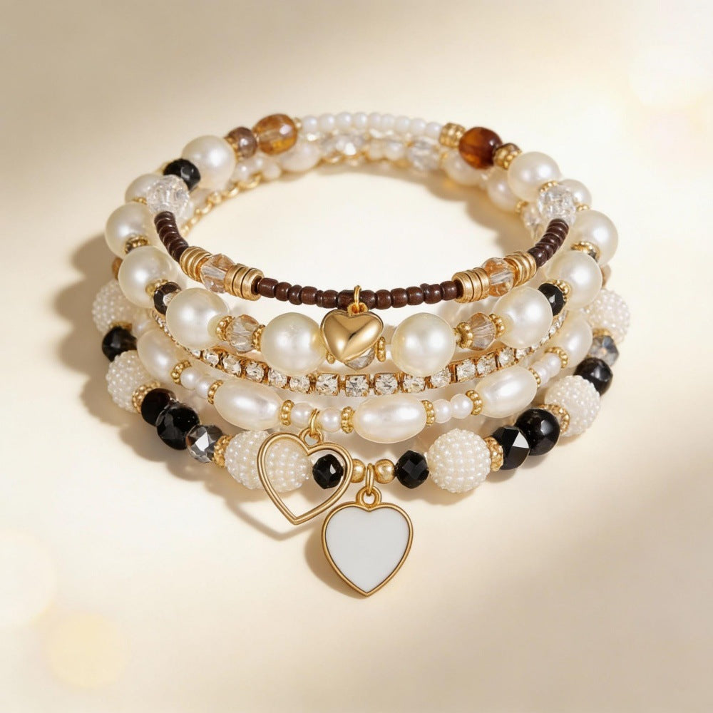 Bohemian Geometric Heart Round Alloy Pearl Rhinestone Bracelet for Women