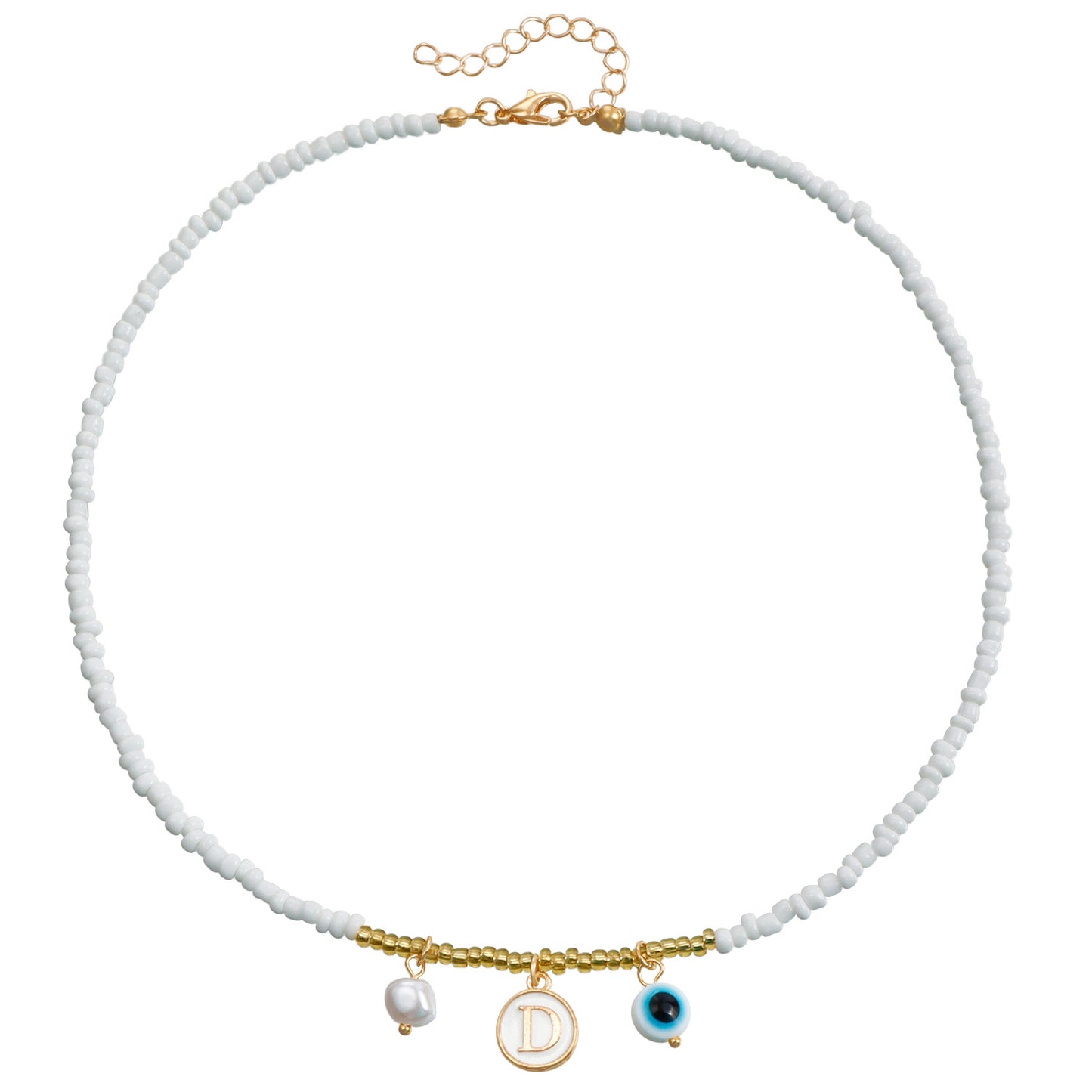 Bohemian White Beaded Necklace with Alloy Letter Eye Pendant on Clavicle Chain