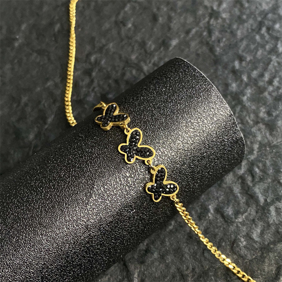 Luxury Black and White Cubic Zirconia Butterfly Titanium Steel Plated Necklace for Women