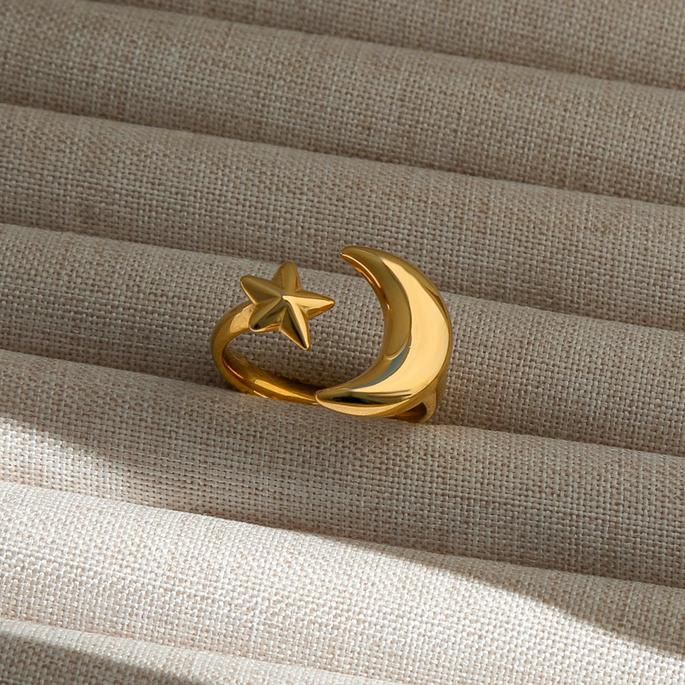 Anillo Abierto Ajustable Minimalista de Acero Inoxidable con Forma de Estrella y Luna con Baño de Oro para Mujeres y Hombres