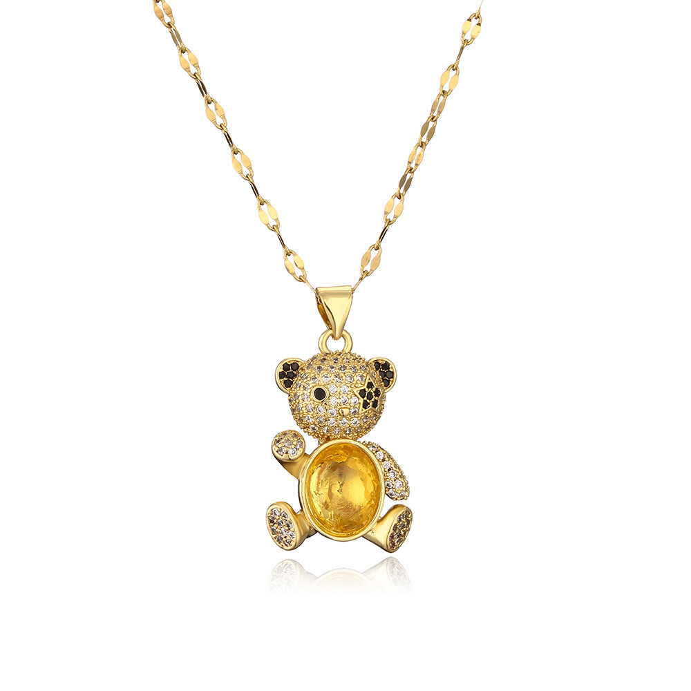 Cute Minimalist Bear-Shaped Copper Necklace with Real Gold Plating and Zircon Inlay for Women