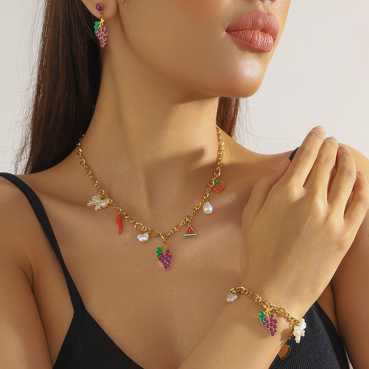Elegant Cartoon Drip Oil Plated Stainless Steel Butterfly Fruit Jewelry Set with Serpentine Chain for Women