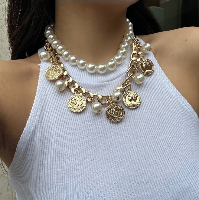 Vintage Elegant Geometric Alloy Plated Portrait Queen Relief Tassel Double Layer Pearl Necklace for Women