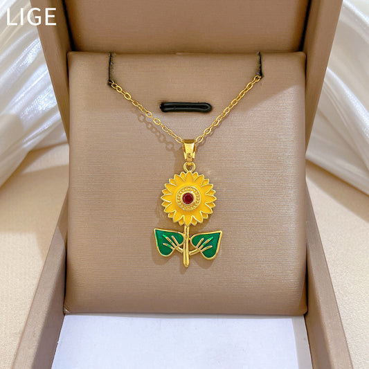 Sweet Elegant Drip Oil Rhinestone Sunflower Plant Titanium Steel Necklace for Unisex