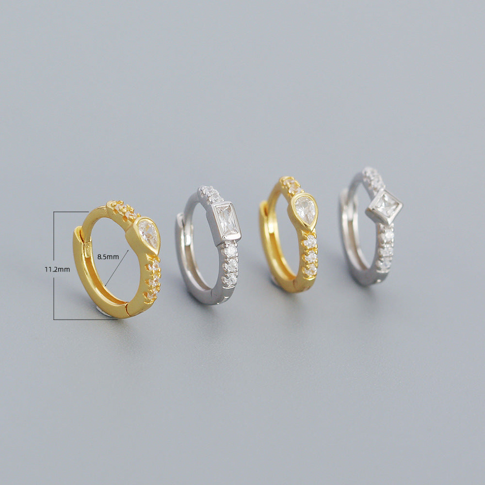 Minimalist Geometric S925 Sterling Silver Hoop Earrings with Rhinestone Inlay for Women