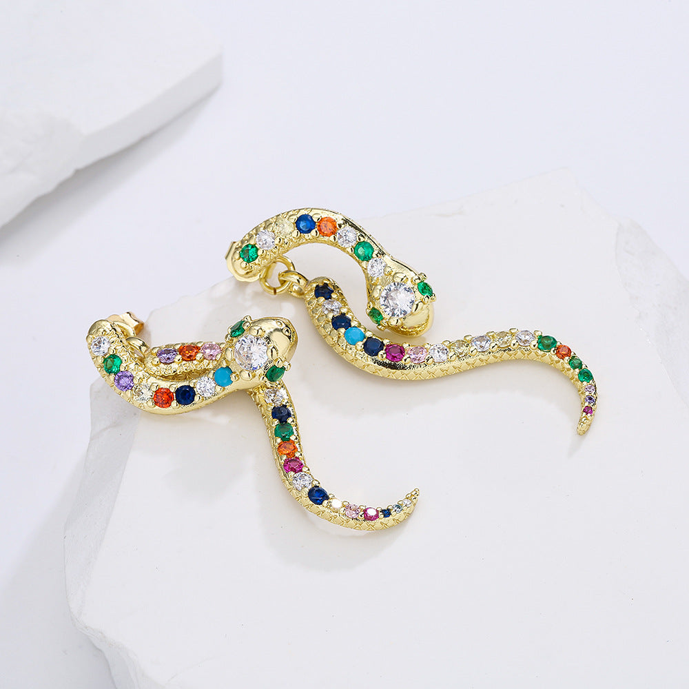 Ins Style Geometric Snake Shape Copper Earrings for Women with 18K Gold Plating and Zircon Inlay