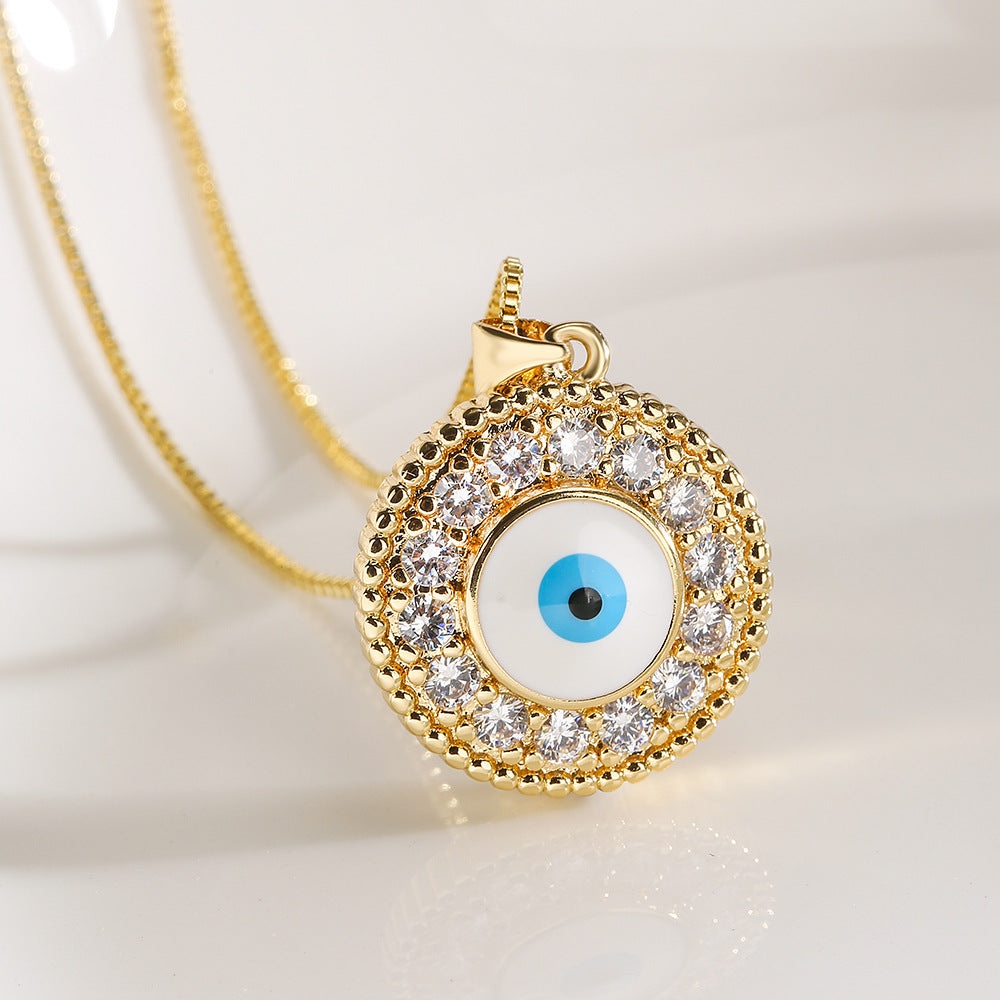 Minimalist Geometric Evil Eye Pendant Necklace in Brass with Enamel Finish and Zircon Inlay