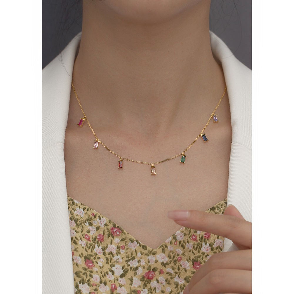 Luxury Elegant Geometric 925 Sterling Silver Cubic Zirconia Inlay Necklace Curb Chain for Women