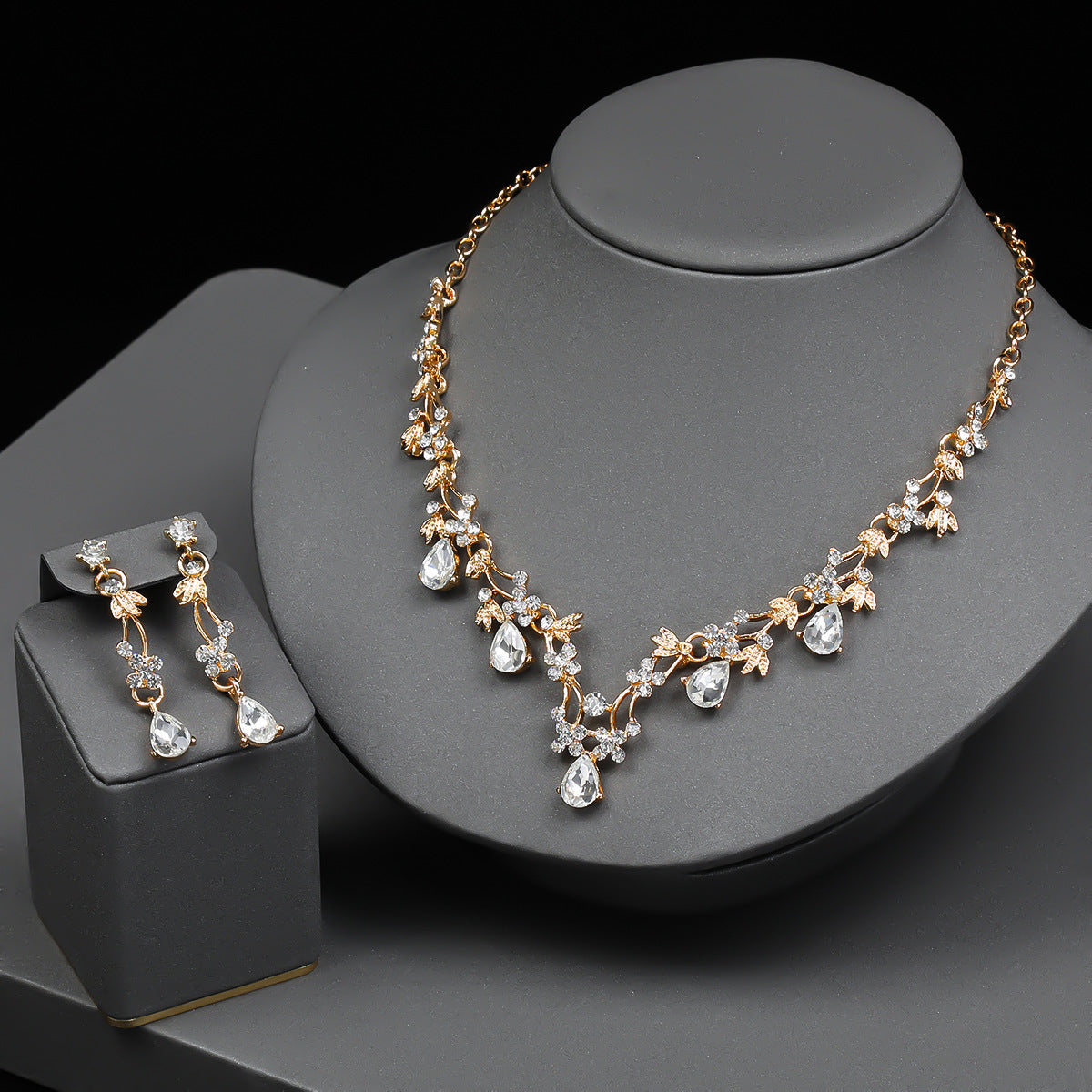 Charming Floral Wedding Necklace and Earrings Set for Women with Rhinestone Accents, Alloy Pendant and Chain, Plated Finish, O-Chain Style, Cherry Blossom Petal and Olive Branch Design