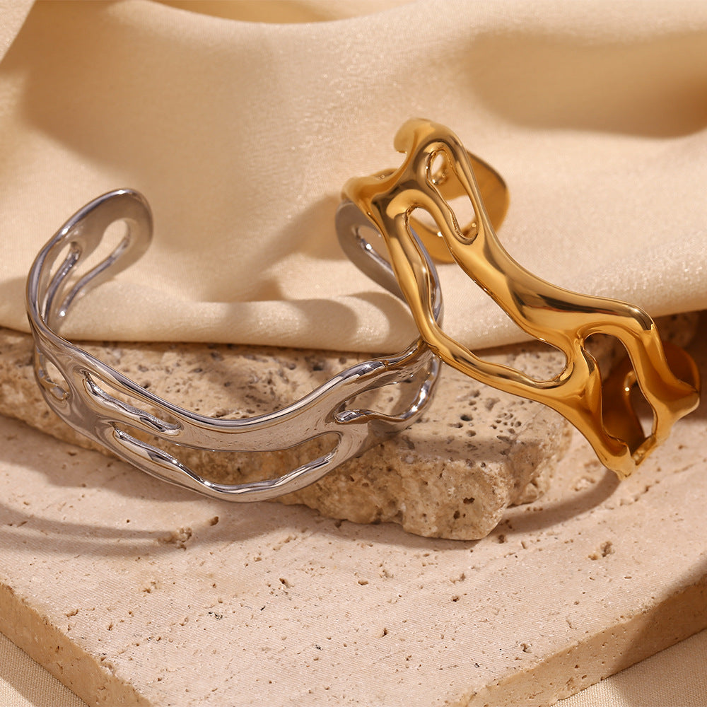 Minimalist Wave Hollow Stainless Steel Bracelet for Women with 18K Gold Plating