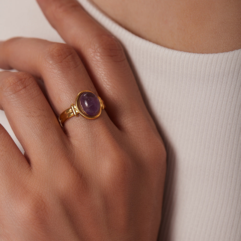 Anello da donna aperto stile Ins geometrico ovale con occhio di tigre verde viola, pietra semipreziosa placcata oro 18 carati
