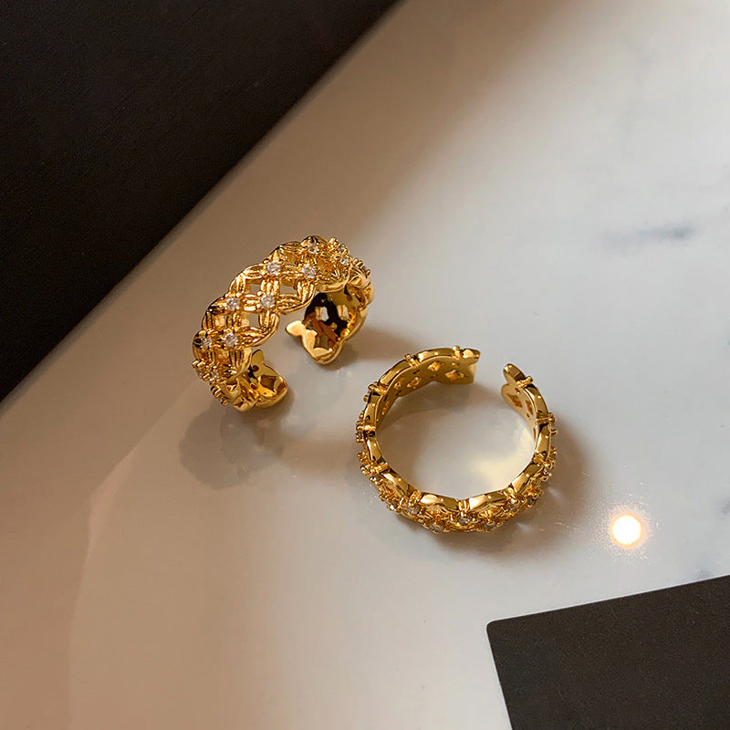 Anello Aperto Geometrico con Intarsio di Zirconi e Placcatura in Oro per Donne, Anello da Dito Minimalista Elegante di Ispirazione Francese