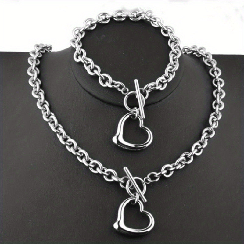 Minimalist Hollow Heart Titanium Steel Necklace with Polished Finish and Wavy Chain for Women