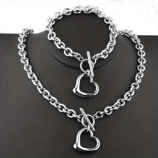 Minimalist Hollow Heart Titanium Steel Necklace with Polished Finish and Wavy Chain for Women