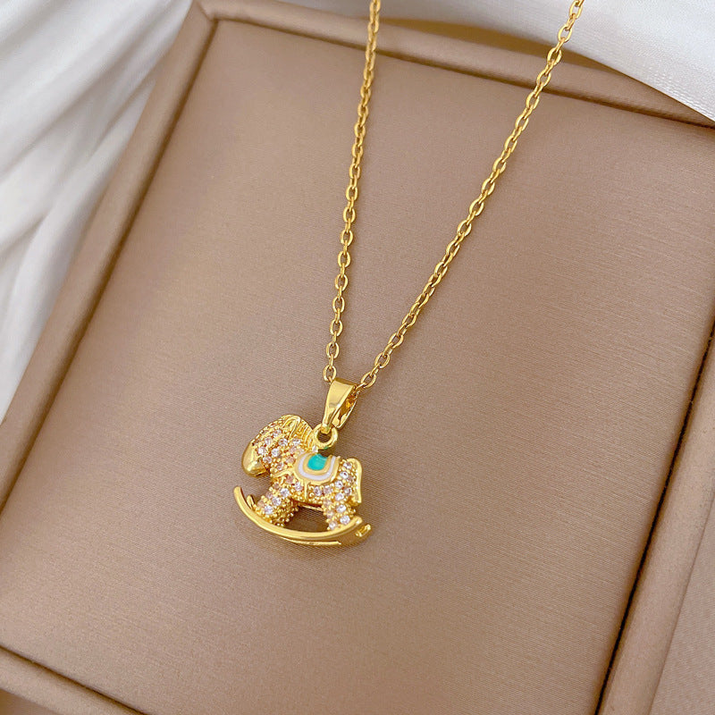 Sweet Geometric Moon Rhinestone Plated Titanium Steel Necklace with Brass Pendant for Unisex