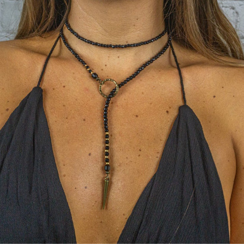 Gothic Geometric Round Wood Necklace with Acrylic Pendant Beaded Irregular Chain Unisex