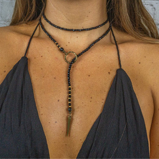 Gothic Geometric Round Wood Necklace with Acrylic Pendant Beaded Irregular Chain Unisex