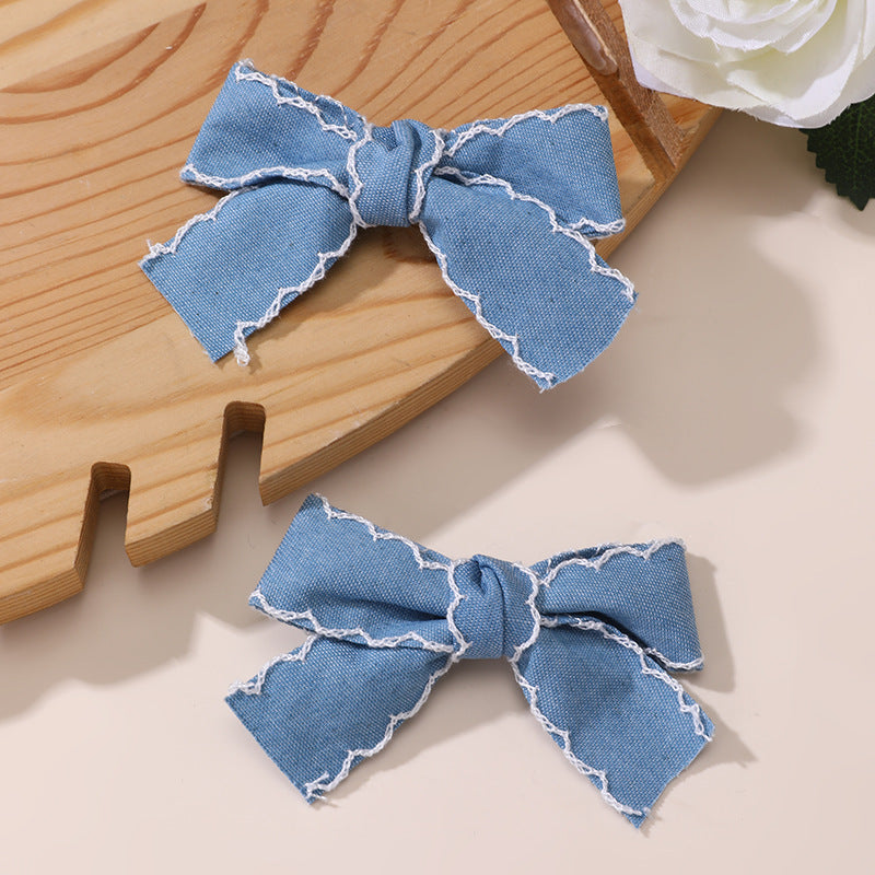 Retro Star Denim Bow Duckbill Hair Clip for Girls with Ruffled and Mesh Details