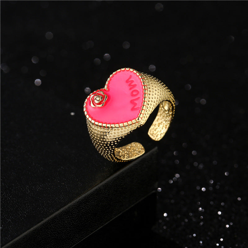 Vintage Bohemian Heart Geometric Drip Oil Brass Ring for Women Adjustable