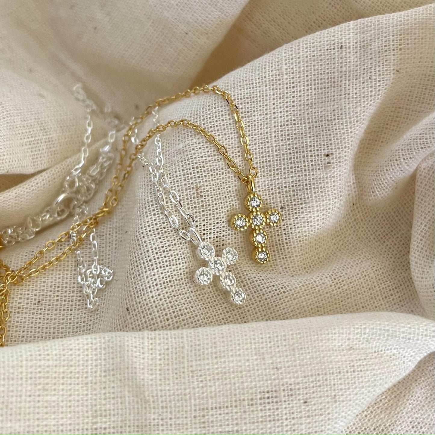 Minimalist Geometric Cross Pendant Necklace in 925 Sterling Silver with Rhinestone Inlay and Gold Plating on Snake Chain