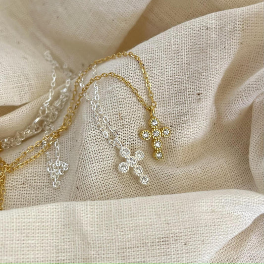 Minimalist Geometric Cross Pendant Necklace in 925 Sterling Silver with Rhinestone Inlay and Gold Plating on Snake Chain