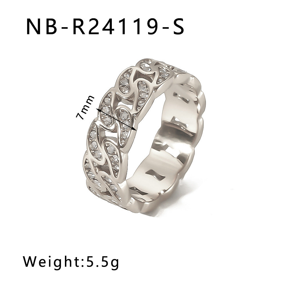 Elegante Anello in Acciaio Inossidabile con Trama Intrecciata e Intarsio di Strass con Motivi a Foglia, Onde e Forme Geometriche per Uomo e Donna