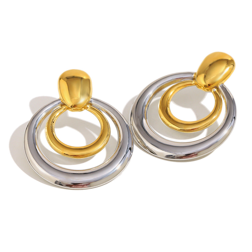 Minimalist Modern 18K Gold Plated Stainless Steel Geometric Double Ring Stud Earrings for Women