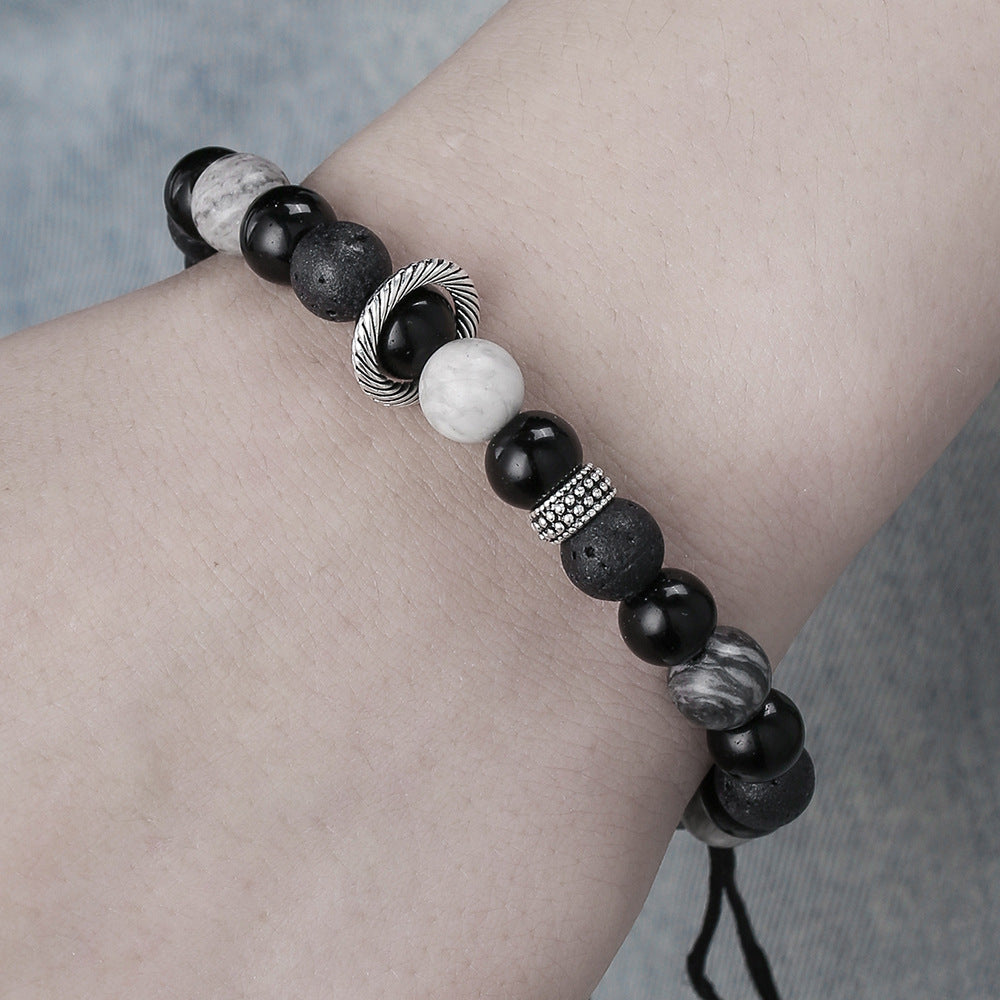 Adjustable Beaded Bracelet for Women with Natural Lava Stone Beads 8mm and 10mm in Geometric Shape, Copper-Plated with Zircon Inlay, Fashionable Office-Ready Design