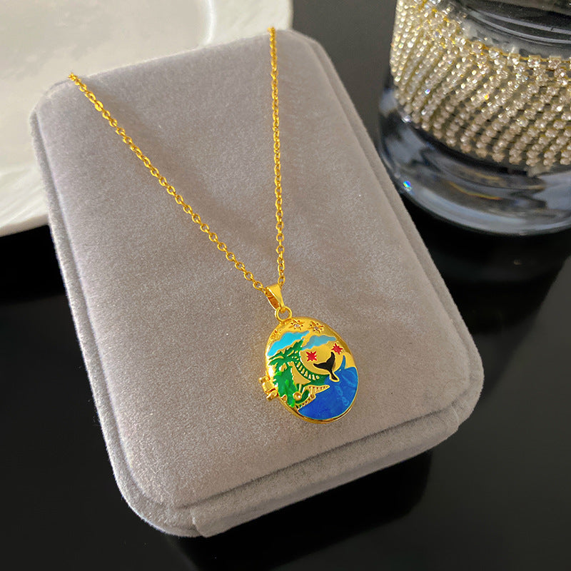 Vintage Drip Oil Floral Heart Oval Pendant Gold Plated Brass Necklace for Women