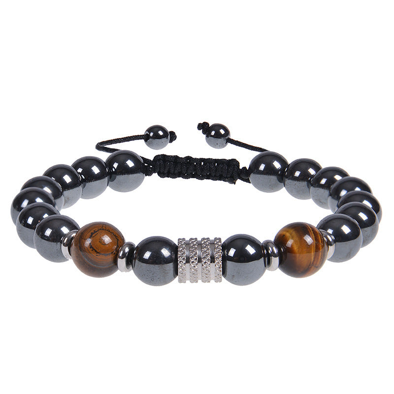 Minimalist Vintage Geometric Round Natural Obsidian Tiger Eye Stainless Steel Bracelet Unisex
