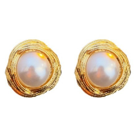 Vintage Geometric Metal Stud Earrings with Round Pearl Accents and Silver-Plated Posts for Women