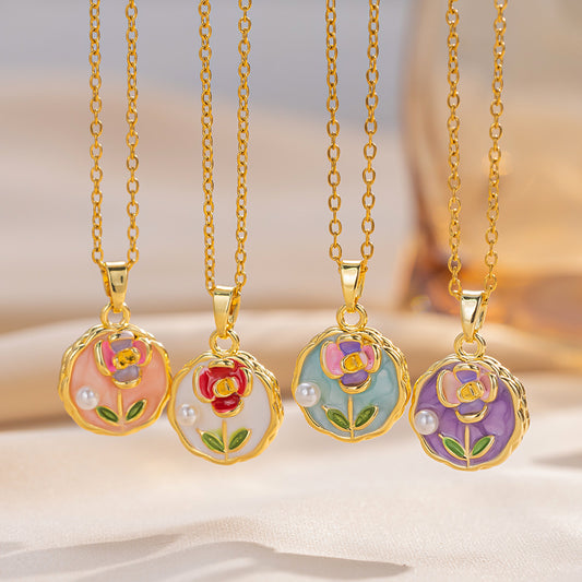Elegante Collana con Pendente Floreale Smaltato da Donna con Ciondolo in Rame e Catena a O in Acciaio al Titanio