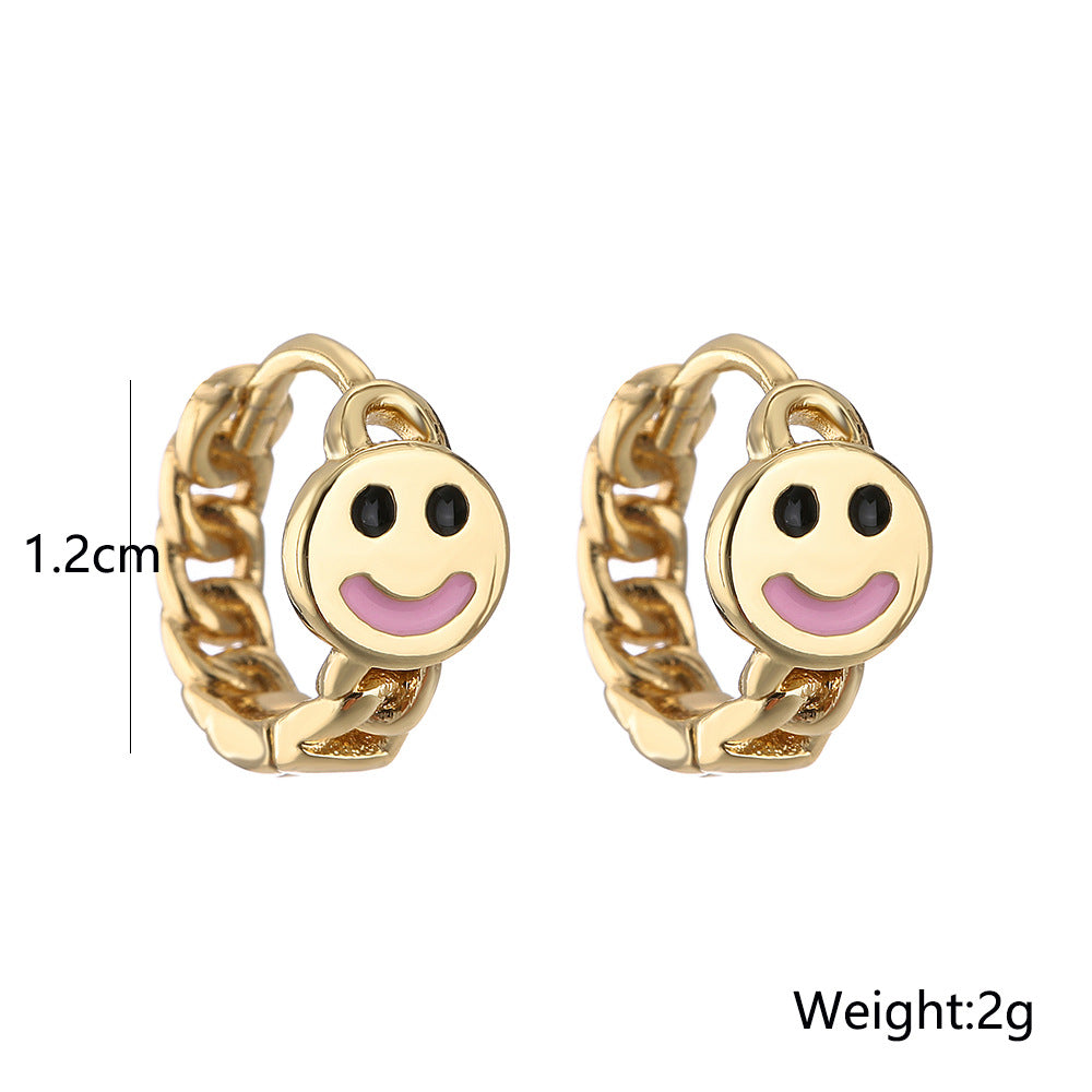 Geometric Style Smiley Face Earrings for Women with Copper Base Plated in 18K Gold and Rhinestone Inlay