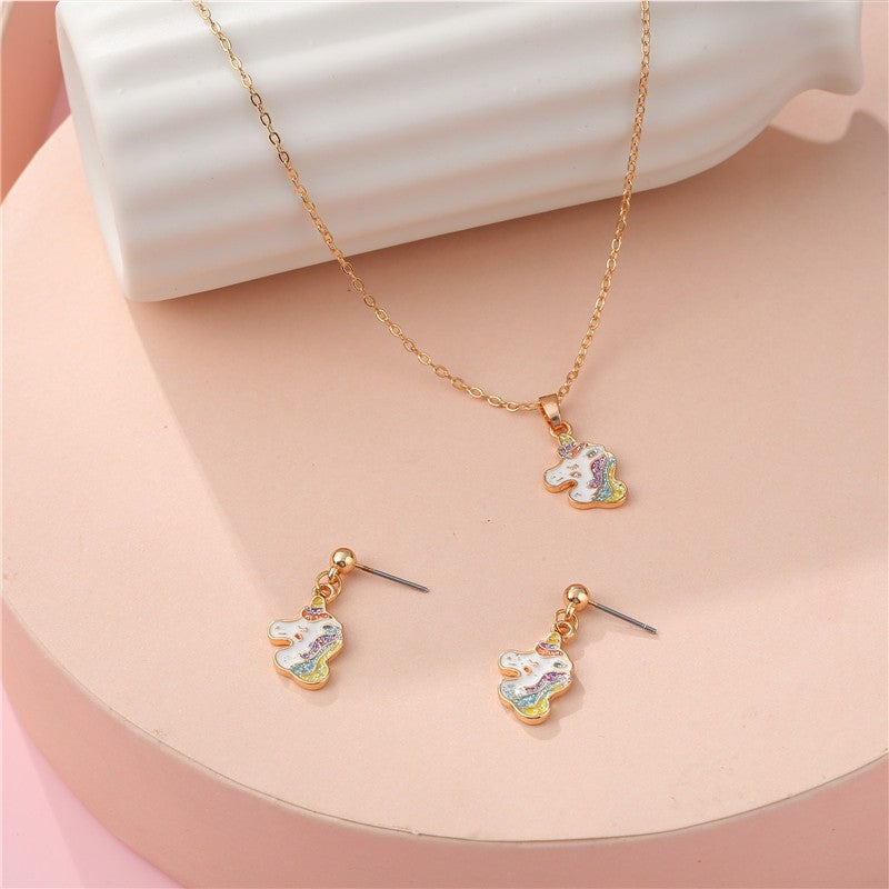 Set di Orecchini a Perno e Collana con Animali dei Cartoni Animati per Bambini, Gioielli in Lega con Finitura Smaltata e Accenti di Strass