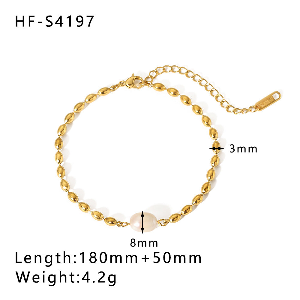 Geometric Style Gold Plated Stainless Steel Double Layer Cuban Bracelet with Pearl and Shell Accents Beach Inspired Unisex Bracelet